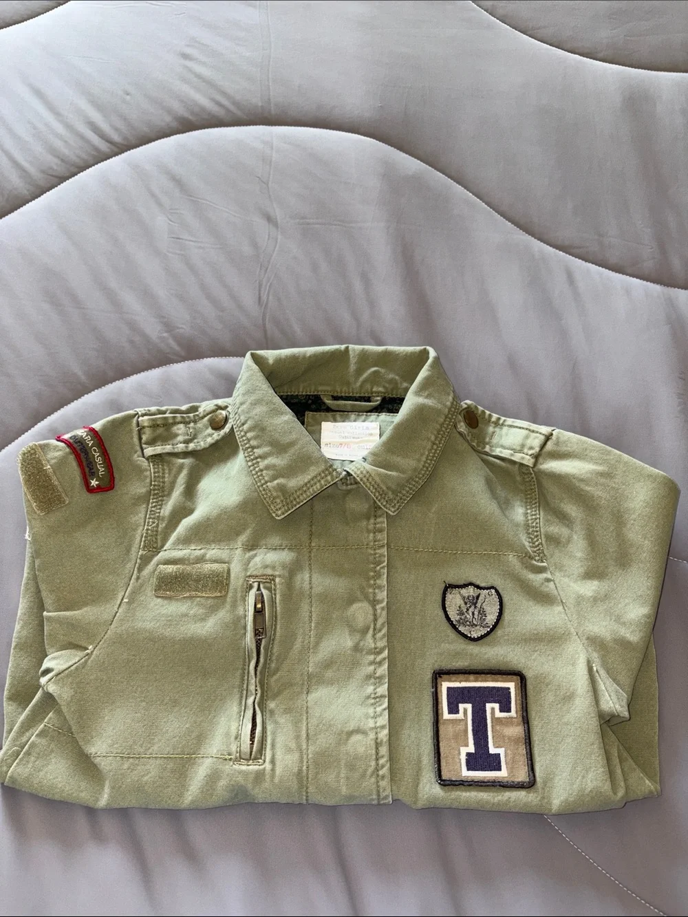 Zara Girls Olive Green Utility Jacket with Patch Detail EUC 7/8